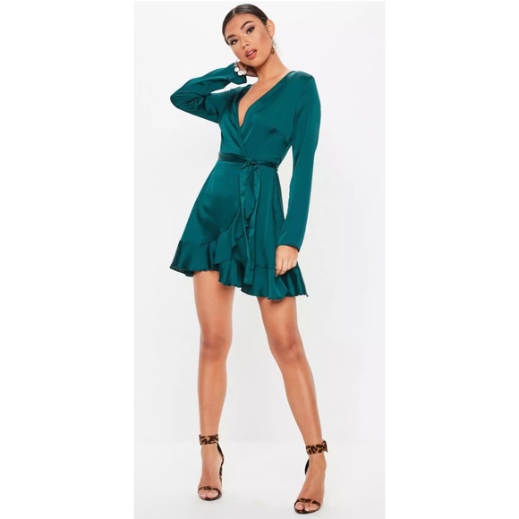 Missguided Dresses & Skirts - Missguided teal ruffle satin tea dress